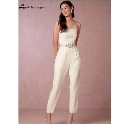 Stain Bridal Jumpsuit wedding dress Modest - ROYCEBRIDAL OFFICIAL STORE