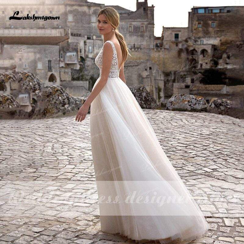 Summer Beach A-Line Princess Wedding Dresses V Neckline - ROYCEBRIDAL OFFICIAL STORE