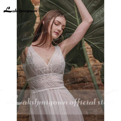 Summer Lace Bohemian Wedding Dresses V Neck Boho Lace - ROYCEBRIDAL OFFICIAL STORE