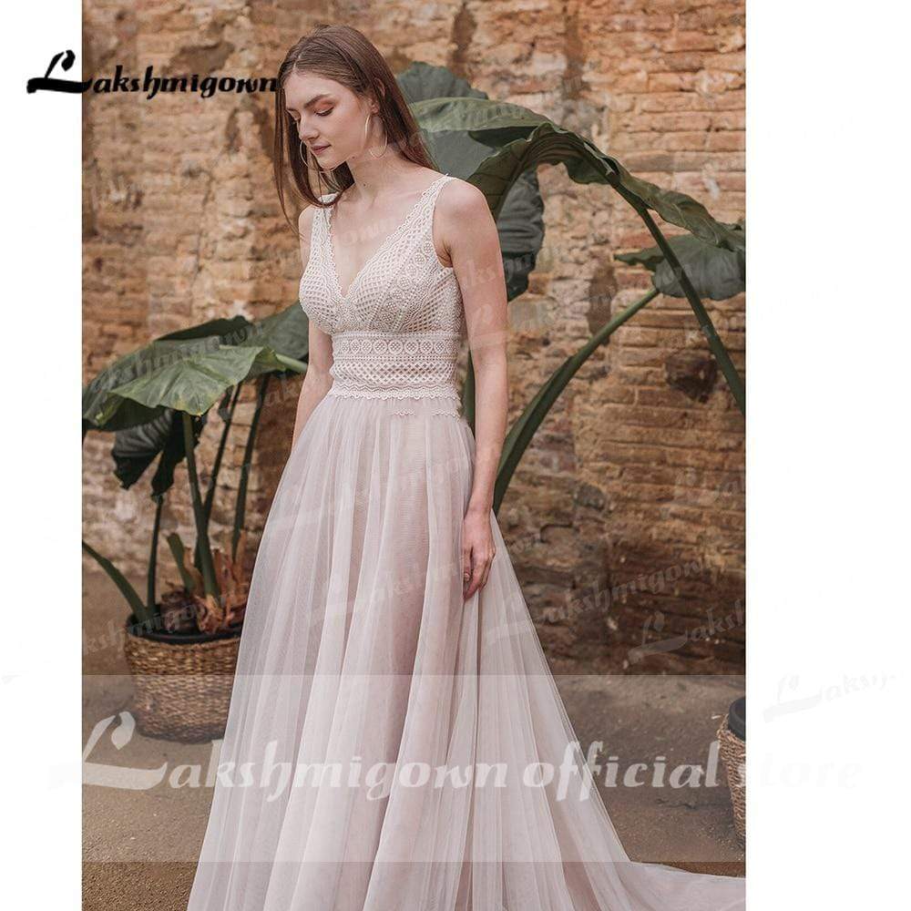 Summer Lace Bohemian Wedding Dresses V Neck Boho Lace - ROYCEBRIDAL OFFICIAL STORE