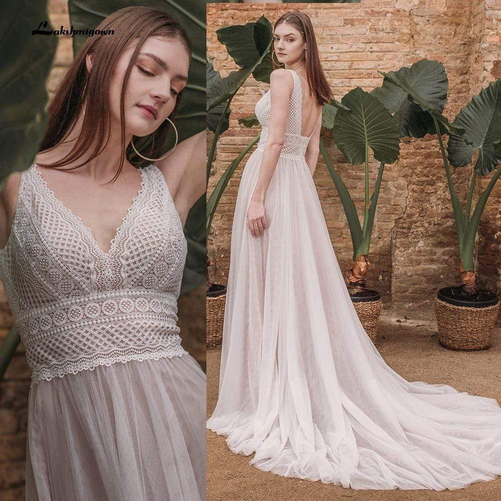 Summer Lace Bohemian Wedding Dresses V Neck Boho Lace - ROYCEBRIDAL OFFICIAL STORE