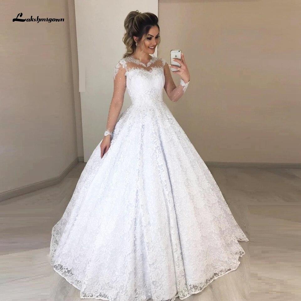 Transparent Long Sleeves Wedding Gowns with Beaded - ROYCEBRIDAL OFFICIAL STORE