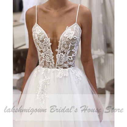 Tulle Beach Wedding Dress Spaghetti Straps Sexy - ROYCEBRIDAL OFFICIAL STORE