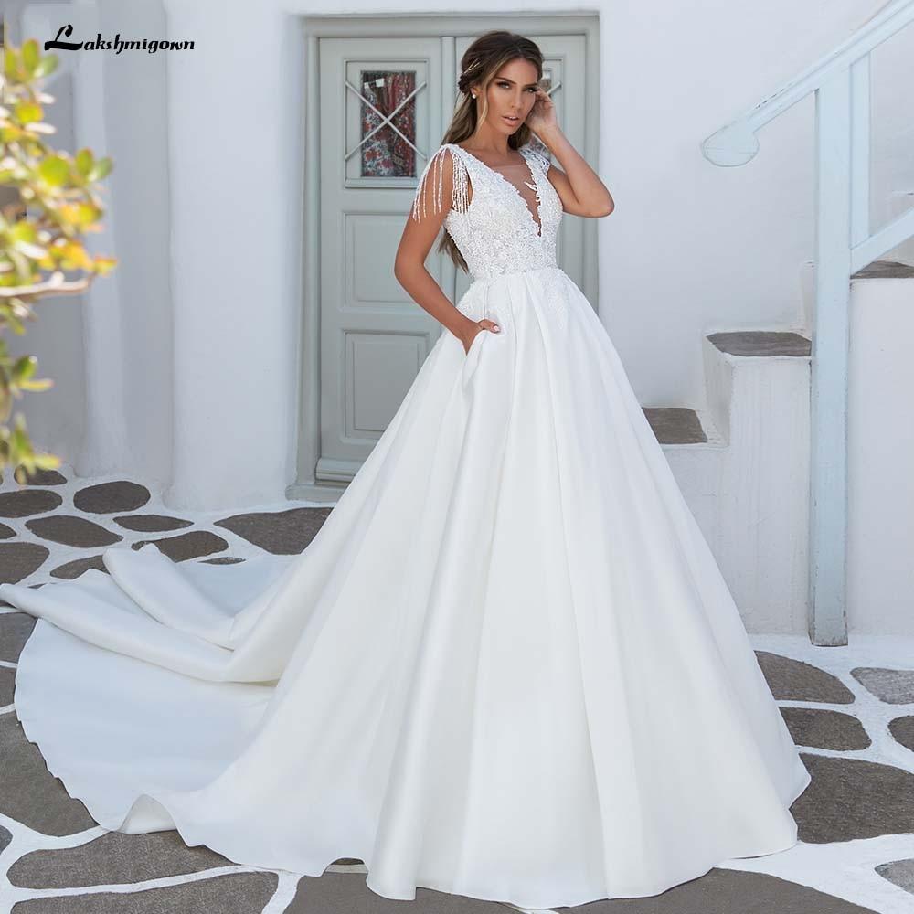 V-Neck A Line Satin Wedding Dresses Elegant Appliques - ROYCEBRIDAL OFFICIAL STORE