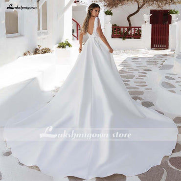 V-Neck A Line Satin Wedding Dresses Elegant Appliques - ROYCEBRIDAL OFFICIAL STORE