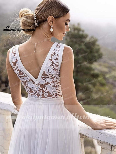 V-neck Lace Appliques Boho Wedding Dress - ROYCEBRIDAL OFFICIAL STORE