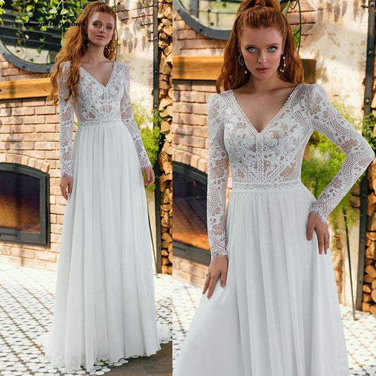 V Neck Lace Long Sleeve Backless Chiffon Wedding Dresses - ROYCEBRIDAL OFFICIAL STORE