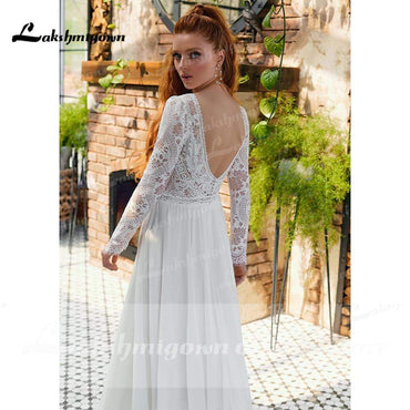 V Neck Lace Long Sleeve Backless Chiffon Wedding Dresses - ROYCEBRIDAL OFFICIAL STORE