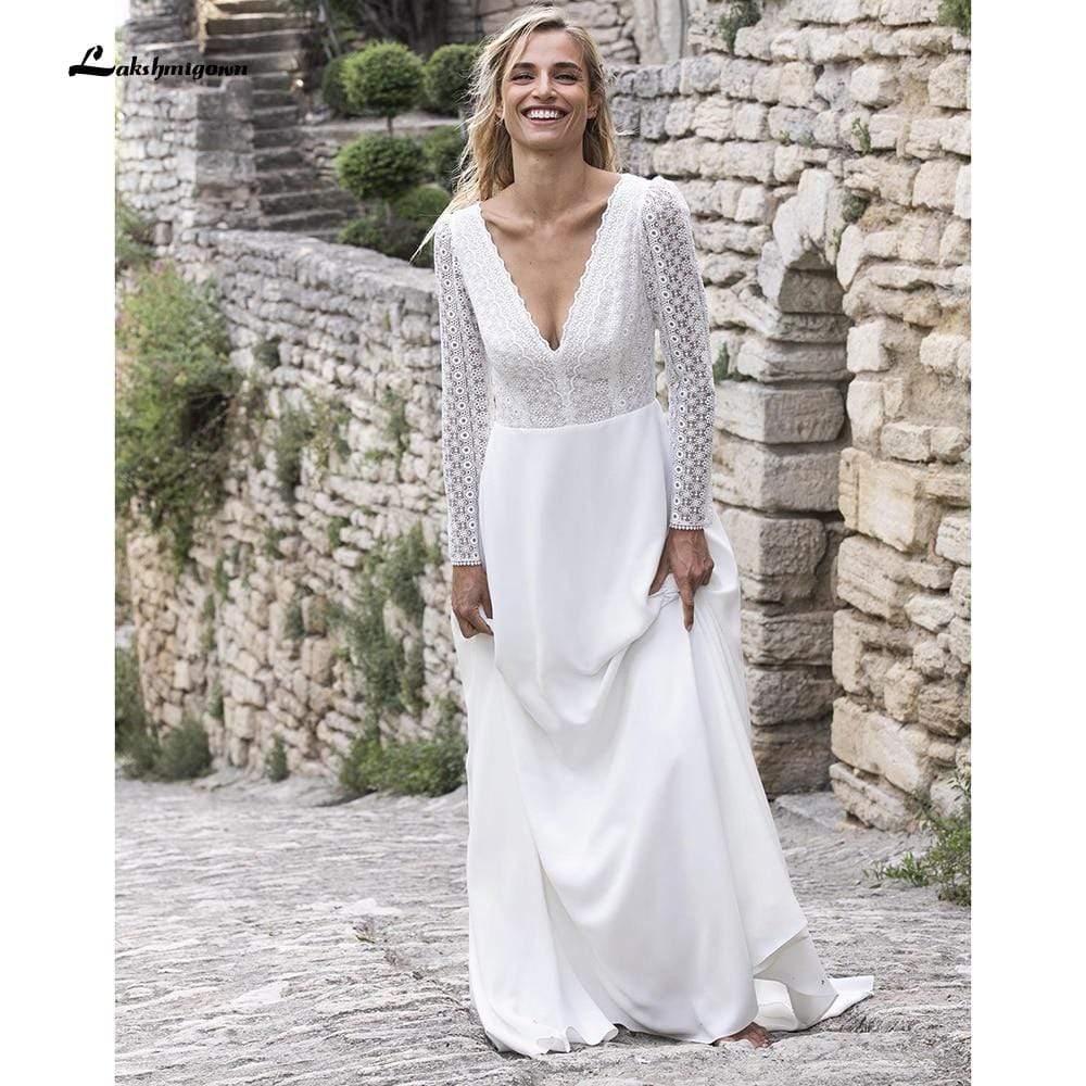 V Neck Lace Long Sleeve Backless Wedding Dresses - ROYCEBRIDAL OFFICIAL STORE