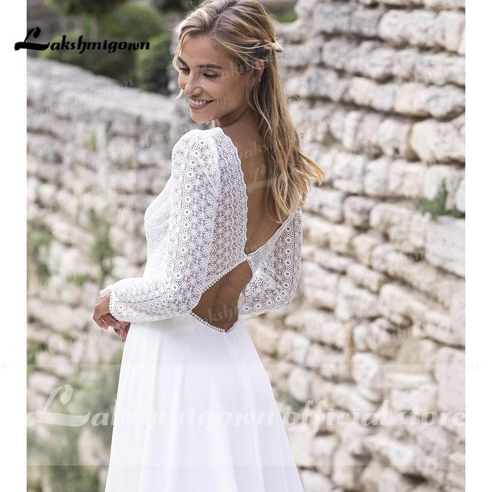 V Neck Lace Long Sleeve Backless Wedding Dresses - ROYCEBRIDAL OFFICIAL STORE