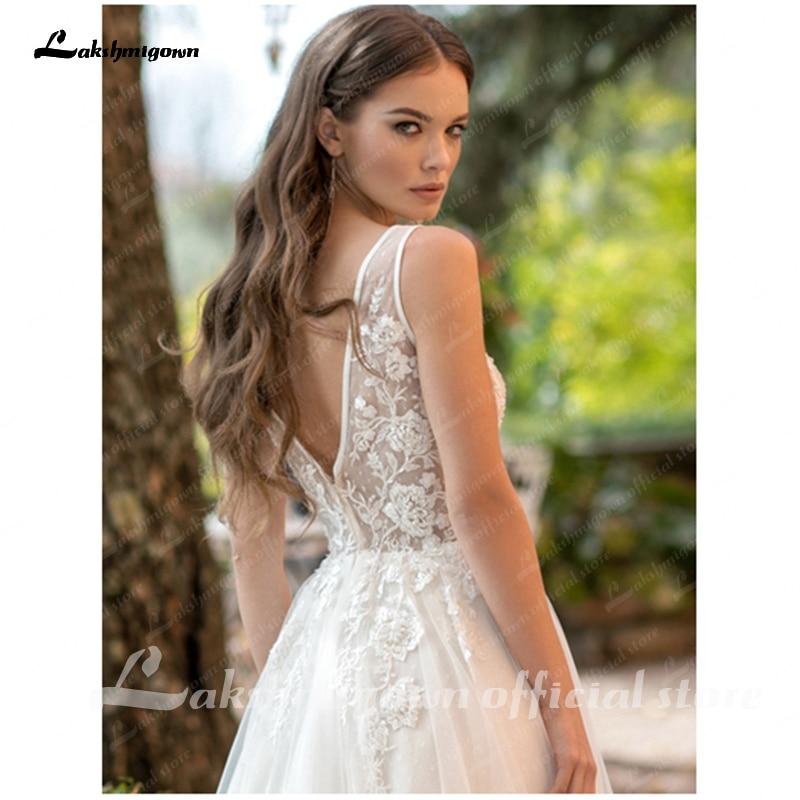 V-Neck  Lace Wedding Dress Applique Sleeveless - ROYCEBRIDAL OFFICIAL STORE