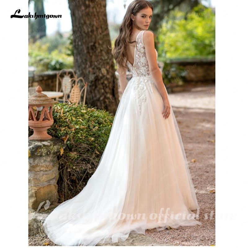 V-Neck  Lace Wedding Dress Applique Sleeveless - ROYCEBRIDAL OFFICIAL STORE