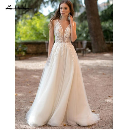 V-Neck  Lace Wedding Dress Applique Sleeveless - ROYCEBRIDAL OFFICIAL STORE