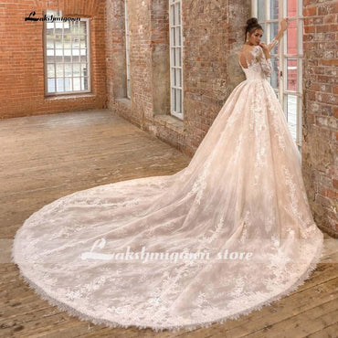 V Neck Long Sleeve Two Pieces Lace Wedding Dresses - ROYCEBRIDAL OFFICIAL STORE