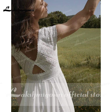 V Neck Short Sleeve Backless Lace Chiffon Wedding Dresses - ROYCEBRIDAL OFFICIAL STORE