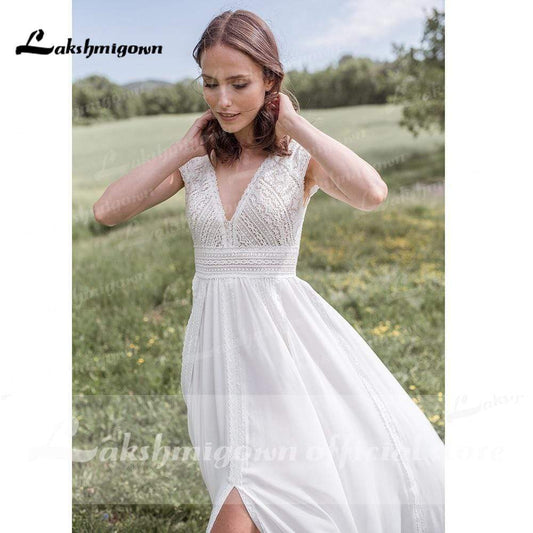 V Neck Short Sleeve Backless Lace Chiffon Wedding Dresses - ROYCEBRIDAL OFFICIAL STORE