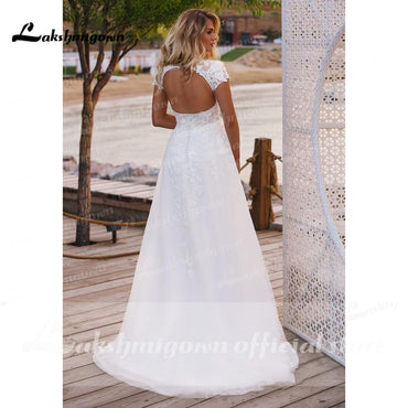 V Neck Short Sleeve Lace Appliques Open Back Wedding Dresses - ROYCEBRIDAL OFFICIAL STORE