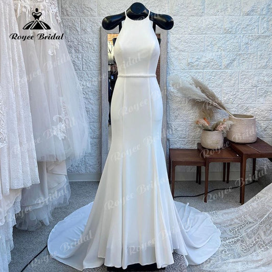 Roycebridal vestido Simple Boho Wedding Dress Halter Open Back Mermaid/Trumpet Sweep Train Robe Mariage Civil Boho Women Lace Bridal Gowns