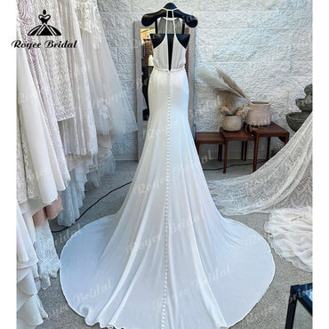 Roycebridal vestido Simple Boho Wedding Dress Halter Open Back Mermaid/Trumpet Sweep Train Robe Mariage Civil Boho Women Lace Bridal Gowns