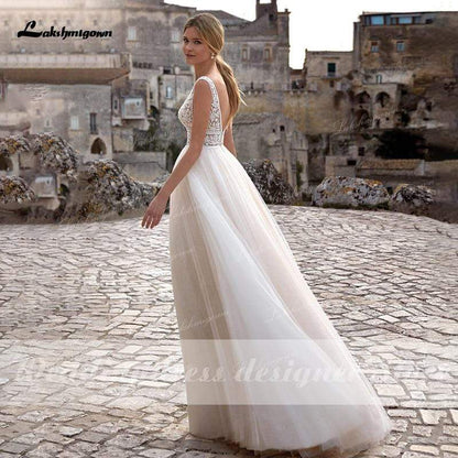 vestido de novia Summer Beach A-Line Princess Wedding Dresses boho chic lace V-neckline White Bridal Gown Abito da sposa 2021 - ROYCEBRIDAL OFFICIAL STORE