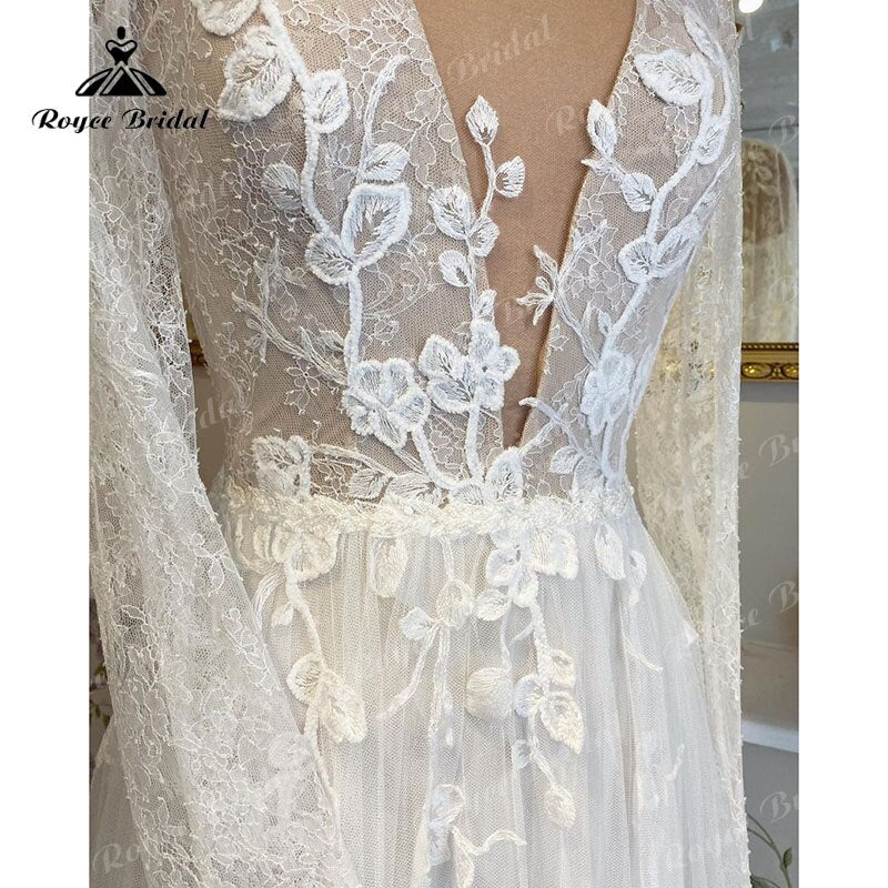 vestidos Beach A Line Wedding Dress with Deep V Neck Long Sleeve Lace Applique Tulle Sweep Train robe de réception de mariage