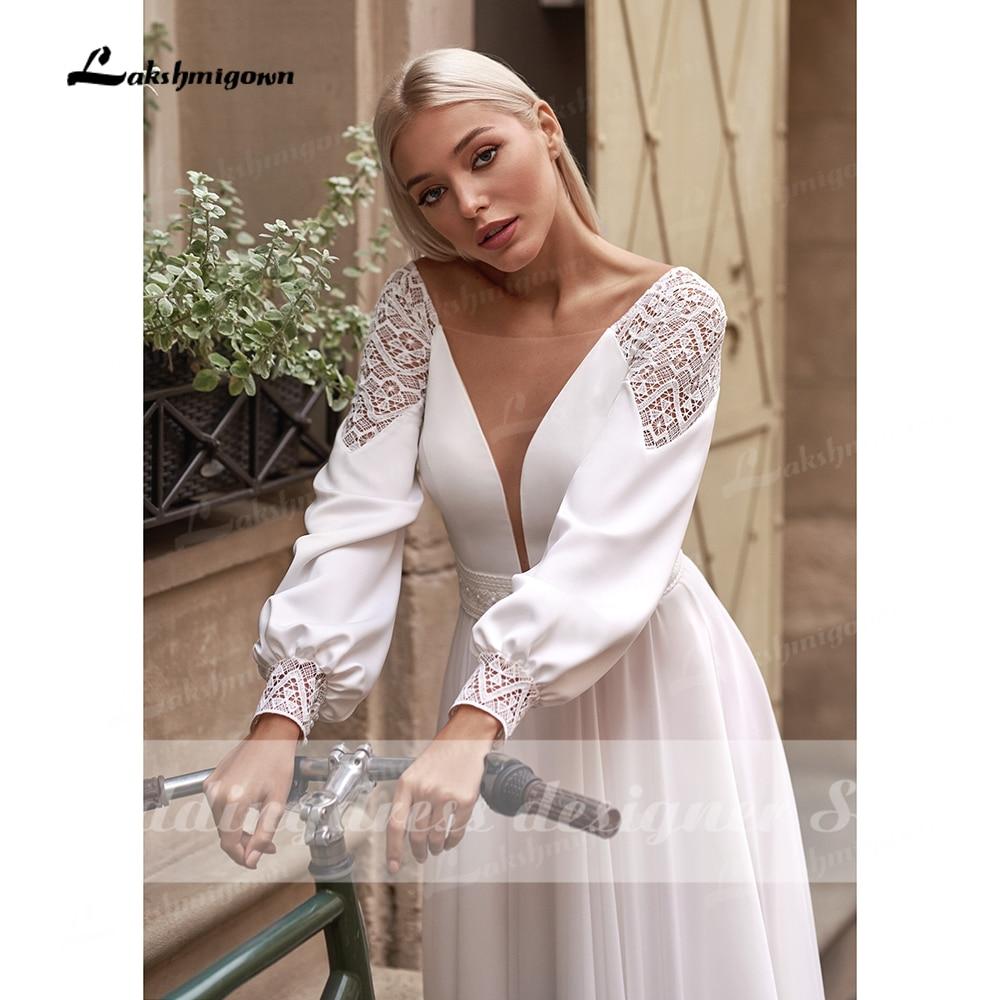 Vestidos Simple Boho Long Sleeve Wedding Dresses 2021 V Neck Robe Longue Beach Chiffon A-Line Wedding Gowns vestido de novia - ROYCEBRIDAL OFFICIAL STORE