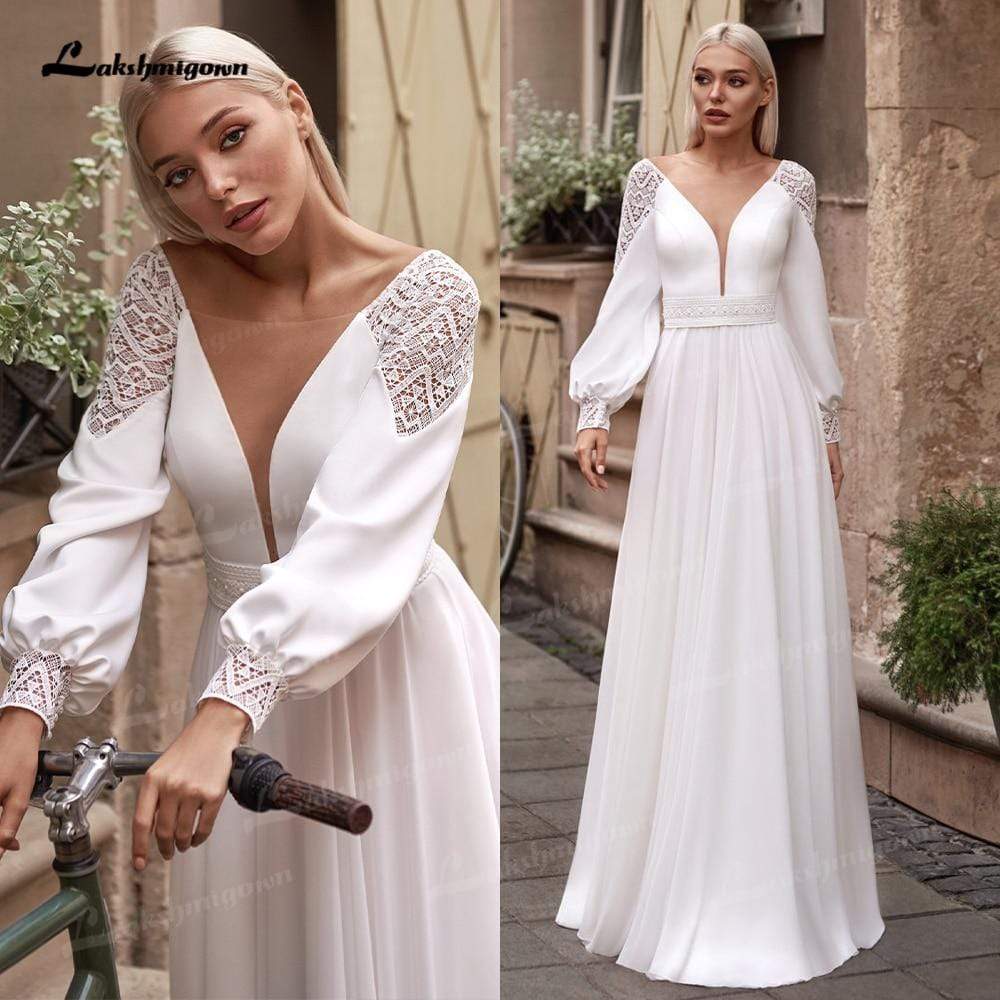 Vestidos Simple Boho Long Sleeve Wedding Dresses 2021 V Neck Robe Longue Beach Chiffon A-Line Wedding Gowns vestido de novia - ROYCEBRIDAL OFFICIAL STORE