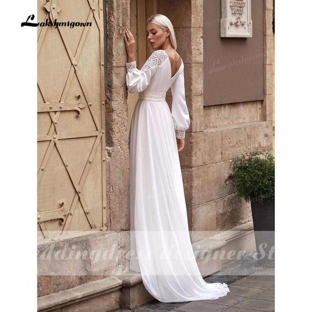 Vestidos Simple Boho Long Sleeve Wedding Dresses 2021 V Neck Robe Longue Beach Chiffon A-Line Wedding Gowns vestido de novia - ROYCEBRIDAL OFFICIAL STORE