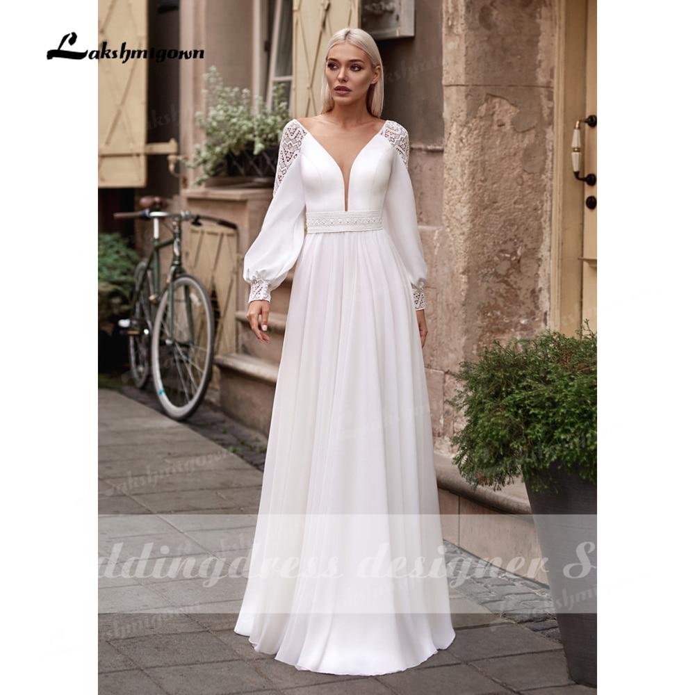 Vestidos Simple Boho Long Sleeve Wedding Dresses 2021 V Neck Robe Longue Beach Chiffon A-Line Wedding Gowns vestido de novia - ROYCEBRIDAL OFFICIAL STORE