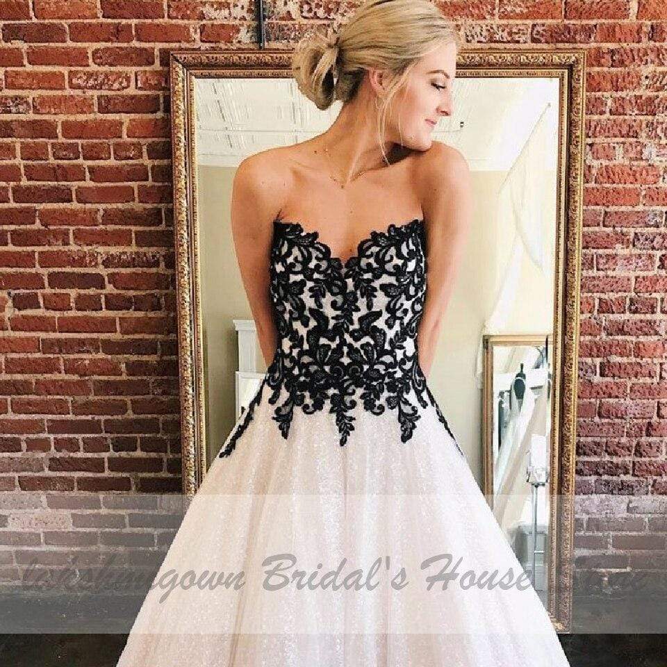 Vintage Black and White Wedding Dress Plus Size Glitter Tulle - ROYCEBRIDAL OFFICIAL STORE