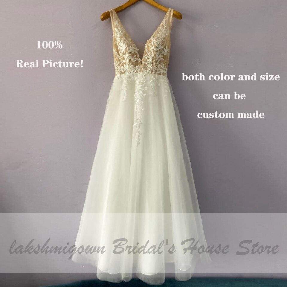 Vintage Lace Boho Wedding Dress Deep V-neck Champagne Bridal - ROYCEBRIDAL OFFICIAL STORE