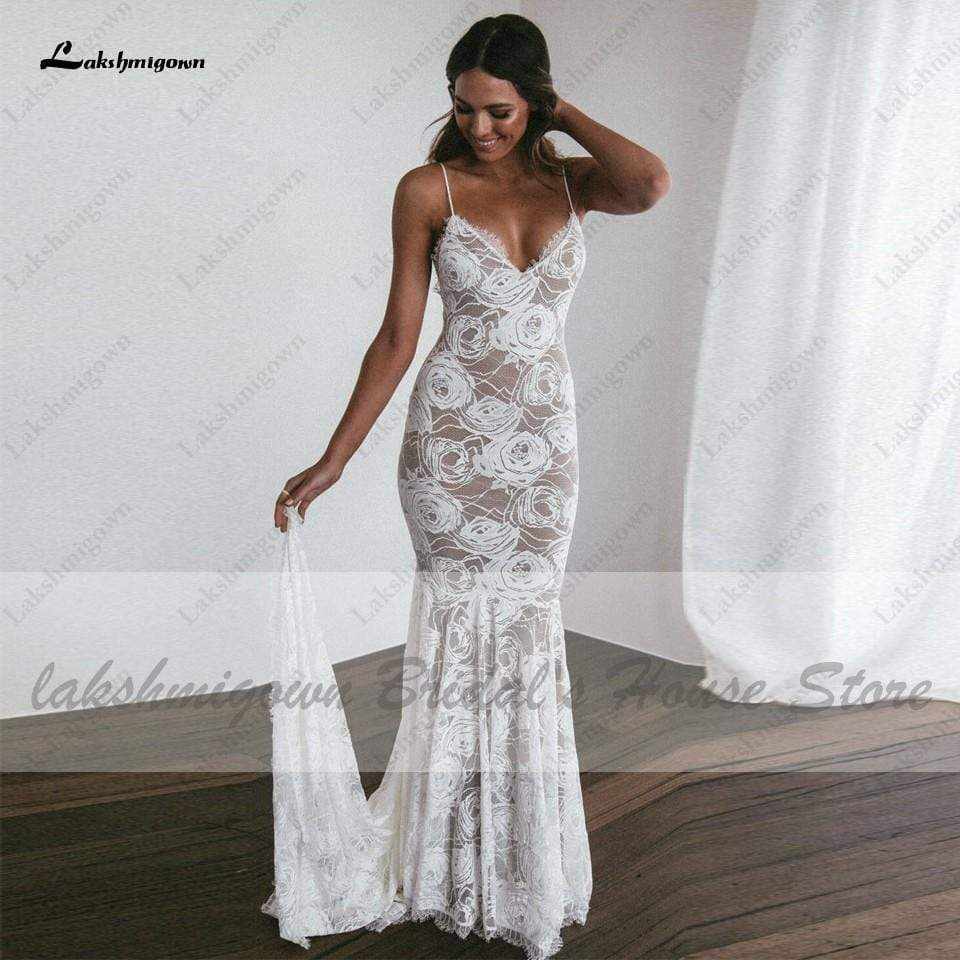 Vintage Lace Mermaid Dress Summer Wedding Dresses Open Back - ROYCEBRIDAL OFFICIAL STORE