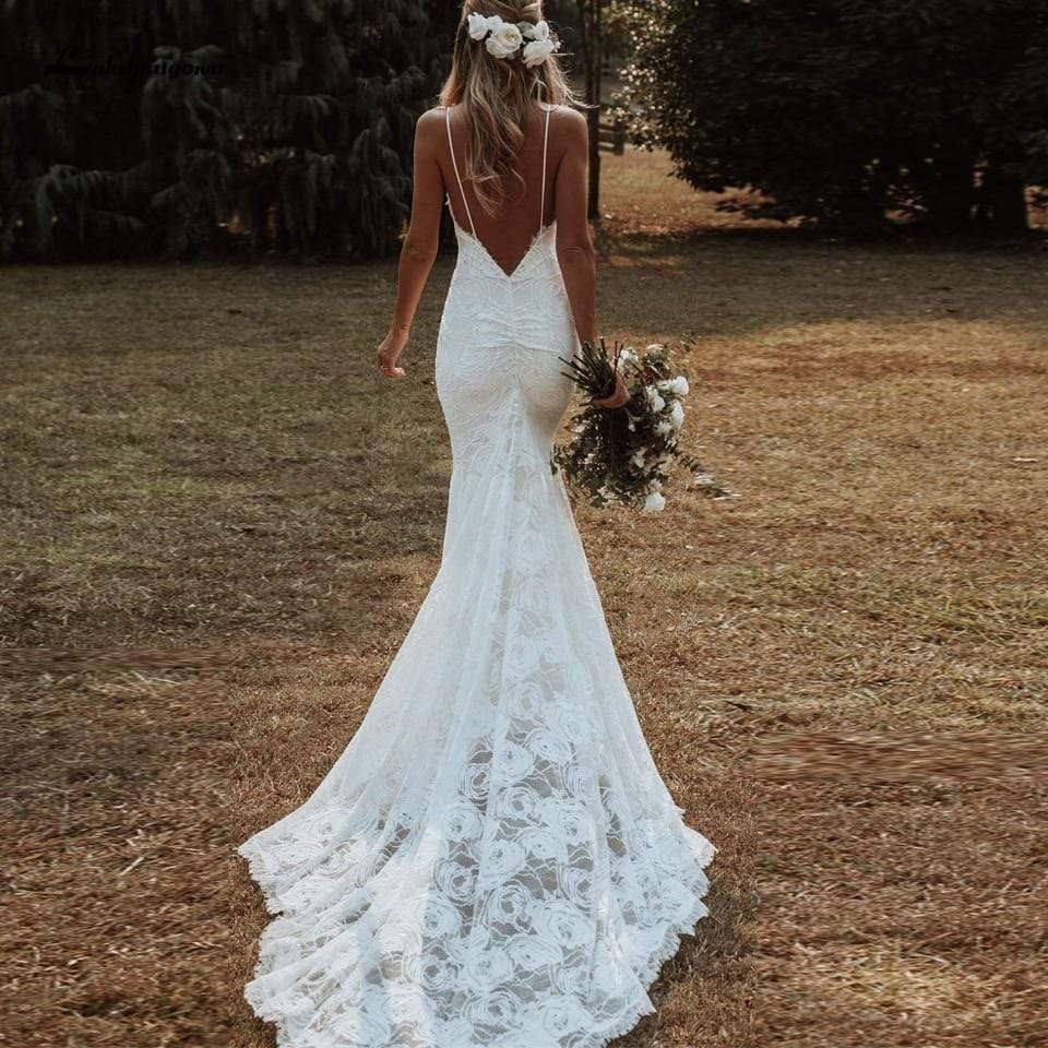 Vintage Lace Mermaid Dress Summer Wedding Dresses Open Back - ROYCEBRIDAL OFFICIAL STORE