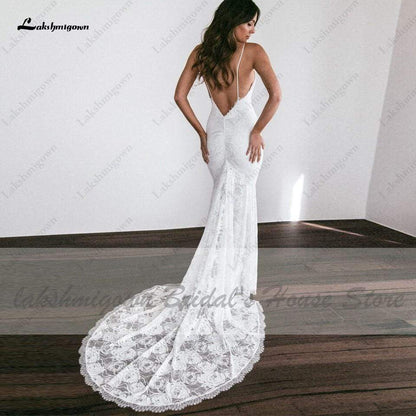 Vintage Lace Mermaid Dress Summer Wedding Dresses Open Back - ROYCEBRIDAL OFFICIAL STORE