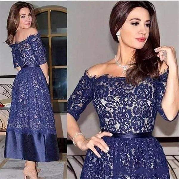 Vintage Mother of the Bride Dresses Navy Blue Lace and Satin Ankle Off the Shoulder 1/2 Sleeves Women Evening Party Gown - ROYCEBRIDAL OFFICIAL STORE