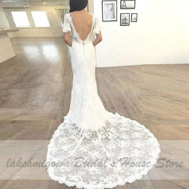 Vintage Short Sleeves Lace Wedding Dress Mermaid Style - ROYCEBRIDAL OFFICIAL STORE