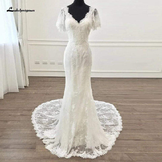 Vintage Short Sleeves Lace Wedding Dress Mermaid Style - ROYCEBRIDAL OFFICIAL STORE