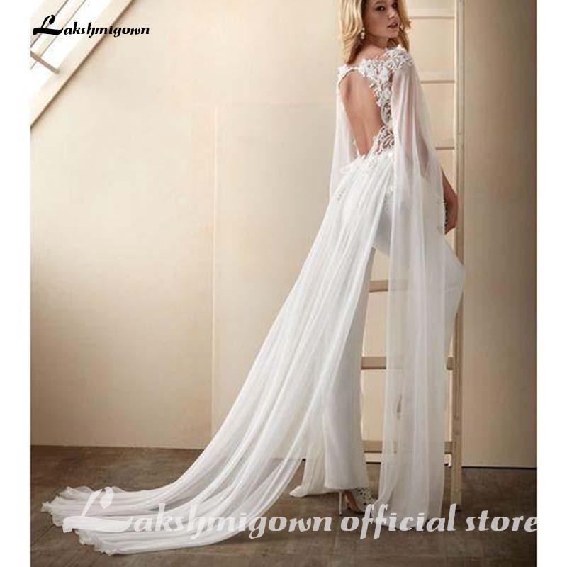 Wedding Dress Jumpsuits With Wrap Floral Appliqued Short Sleeves - ROYCEBRIDAL OFFICIAL STORE