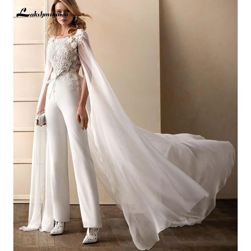 Wedding Dress Jumpsuits With Wrap Floral Appliqued Short Sleeves - ROYCEBRIDAL OFFICIAL STORE