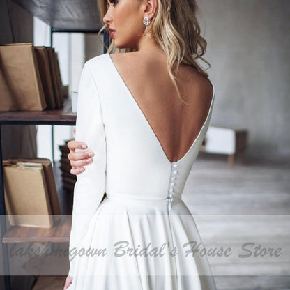 Wedding Dress Satin V-Back Sexy High Low Bridal A-line - ROYCEBRIDAL OFFICIAL STORE