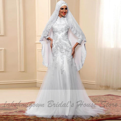 Wedding Dress With Hijab Lace Beaded Mermaid Wedding Gown - ROYCEBRIDAL OFFICIAL STORE