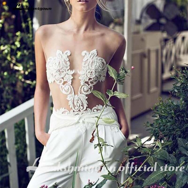 Wedding Dresses Jumpsuit with Removable Skirt Lace Appliques - ROYCEBRIDAL OFFICIAL STORE