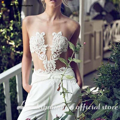 Wedding Dresses Jumpsuit with Removable Skirt Lace Appliques - ROYCEBRIDAL OFFICIAL STORE