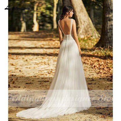 Wedding Dresses Open Back Lace Tulle Bridal Gown Scoop Neck - ROYCEBRIDAL OFFICIAL STORE