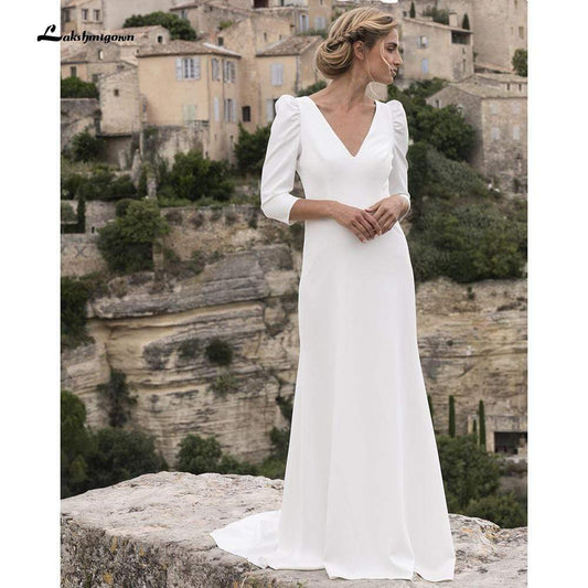 Wedding Dresses Satin Simple V Neck Backless - ROYCEBRIDAL OFFICIAL STORE