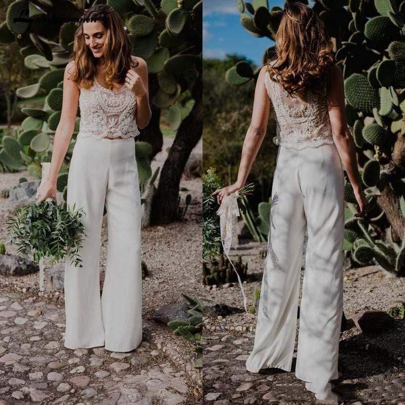 Wedding Jumpsuit Two Pieces Lace Bodice A Line - ROYCEBRIDAL OFFICIAL STORE