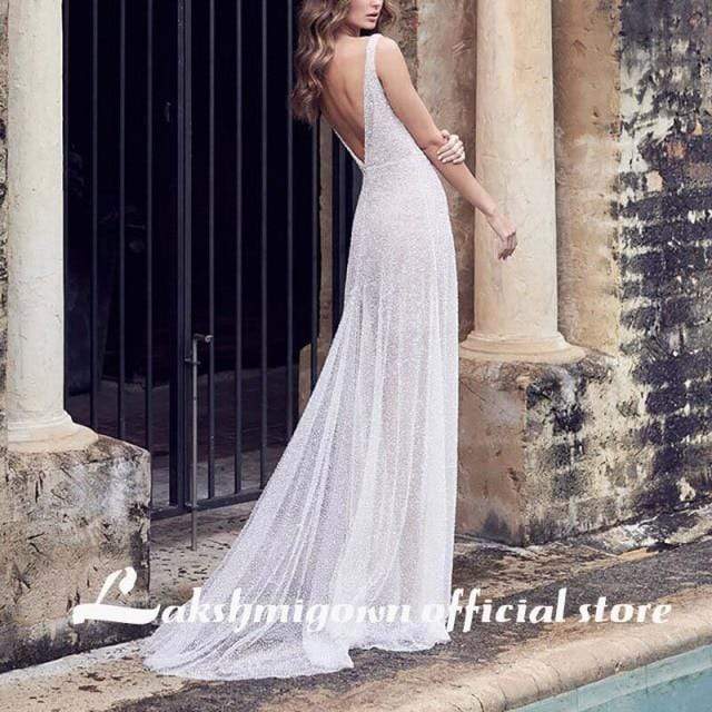 Sexy V Neck Pure Color Backless mermaid Wedding Dress - ROYCEBRIDAL OFFICIAL STORE