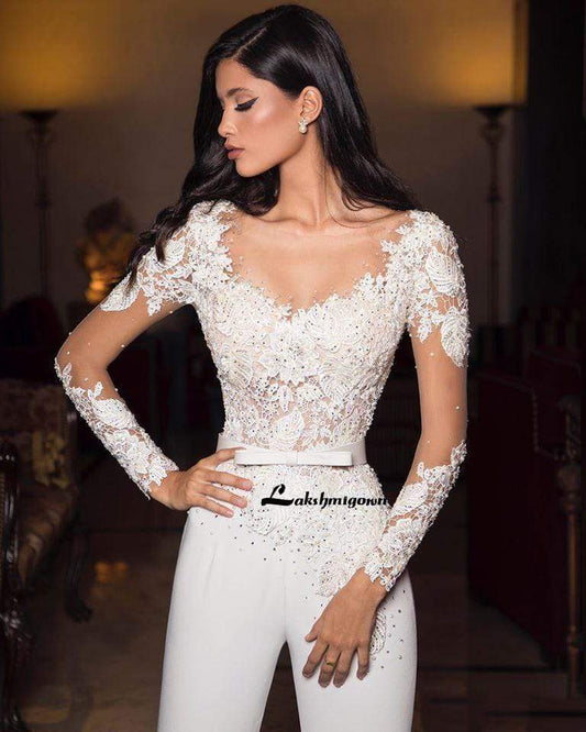 White Ivory Wedding Dresses Jumpsuits Lace Appliques Wedding Dress - ROYCEBRIDAL OFFICIAL STORE