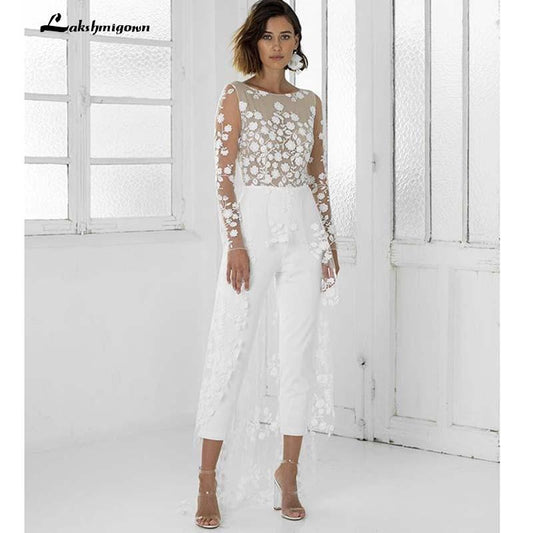 White Jumpsuit Beach Wedding Dresses Long Sleeve - ROYCEBRIDAL OFFICIAL STORE