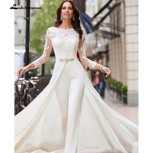 White Jumpsuits Pants Long Sleeve Wedding Dresses Lace Satin - ROYCEBRIDAL OFFICIAL STORE